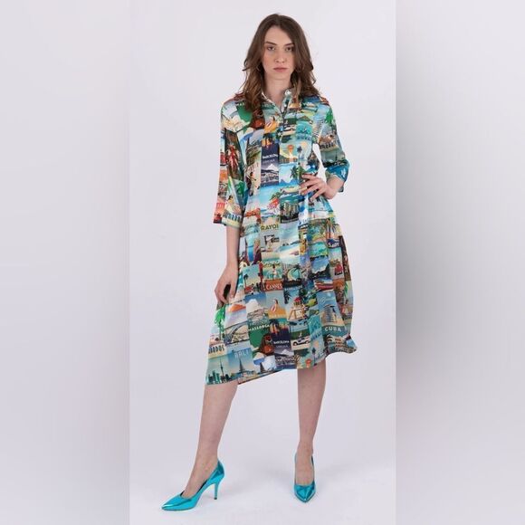 UNBREAK.IT Silk dress MARY MICROSCOPY  with 3/4 sleeves stand up collar D8 - Picture 1 of 12